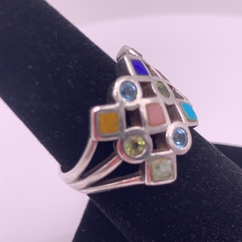 Vintage Sterling Silver Multi-Gemstone Inlaid Checkerboard Ring - Picture 3 of 12